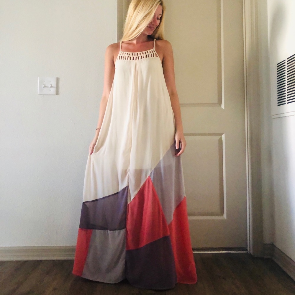 Long flowy cream dress with colors